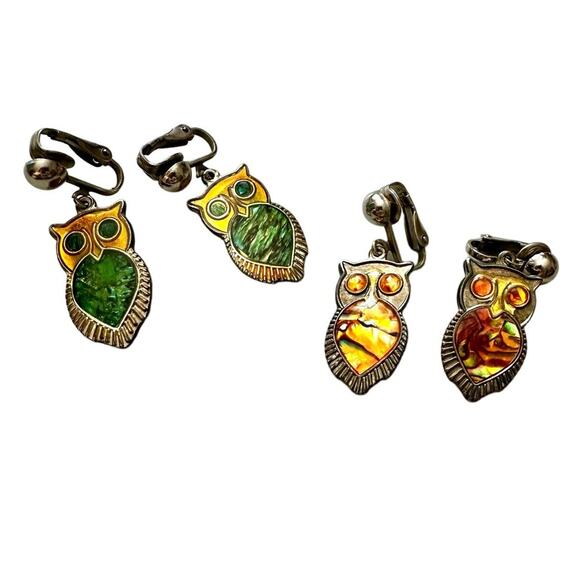 Vintage Owl Clip On Earrings Abalone Shell Yellow Set - Picture 3 of 6